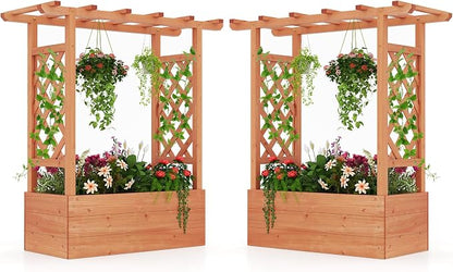 HAPPYGRILL Raised Garden Bed w/Trellis, 2 Wooden Elevated Planter Box w/Hanging Roof, Drainage Holes & Removable Bottom Panels for Climbing Vine Flower, Indoor Outdoor Wood Planter for Yard Patio