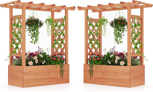 HAPPYGRILL Raised Garden Bed w/Trellis, 2 Wooden Elevated Planter Box w/Hanging Roof, Drainage Holes & Removable Bottom Panels for Climbing Vine Flower, Indoor Outdoor Wood Planter for Yard Patio