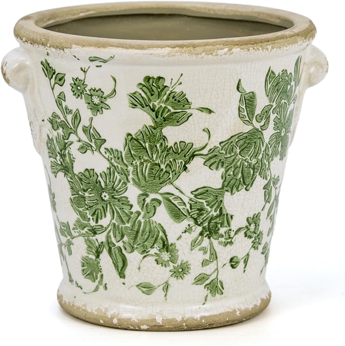Dosayes Vintage Ceramic Flower Pot with Drainage Holes and Handle,Ice Crack Country Rustic Planters for Indoor Outdoor,Tuscan Decor,Home and Garden Decor,Gardening Present (Green)