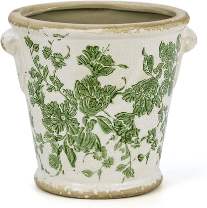 Dosayes Vintage Ceramic Flower Pot with Drainage Holes and Handle,Ice Crack Country Rustic Planters for Indoor Outdoor,Tuscan Decor,Home and Garden Decor,Gardening Present (Green)