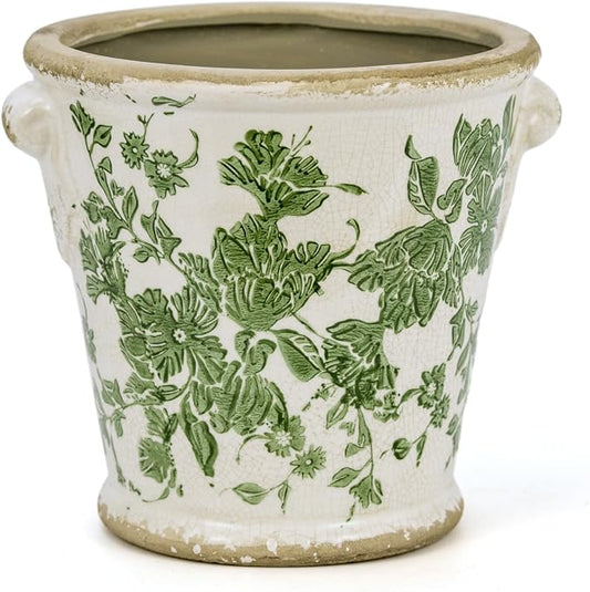 Dosayes Vintage Ceramic Flower Pot with Drainage Holes and Handle,Ice Crack Country Rustic Planters for Indoor Outdoor,Tuscan Decor,Home and Garden Decor,Gardening Present (Green)