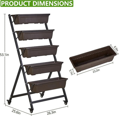 VECELO 5-Tier Vertical Garden Bed, Freestanding Elevated Raised Garden Planter with 5 Garden Planter Boxes, Lockable Caster Wheels, Drainage System, for Plants, Vegetables, Flowers, Herbs