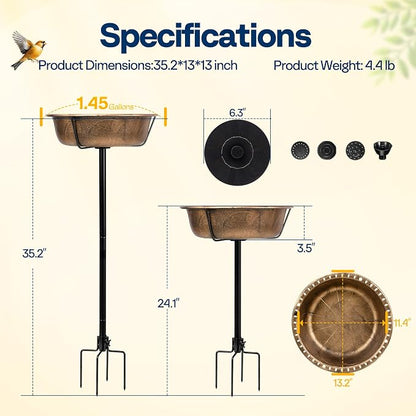 VIVOHOME Bird Bath with Solar Fountain for Outside, Weather-Resistant ABS Birdbath Bowl with Solar Powered Pump, Metal Ground Stake for Outdoor, Garden, 1.45 Gallons, Copper