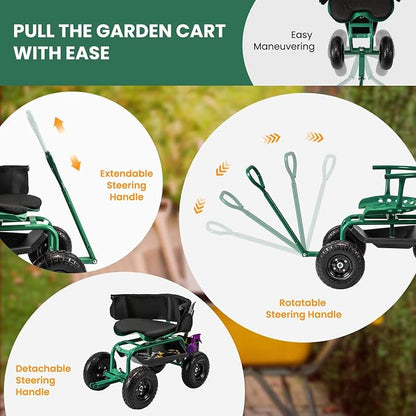 ERGOMASTER Rolling Garden Seat with Wheels, Adjustable 360° Swivel Workseat and Storage Basket, Extendable Handle, Outdoor Gardening Wagon Scooter, Green