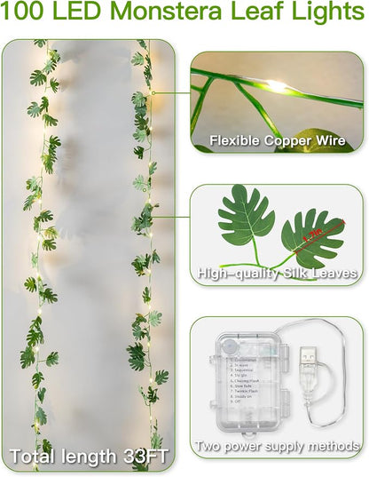 suddus Vines with Fairy Lights Battery & USB Powered Operated, 33ft 100 LED Monstera Leaves String Lights with Remote, Artificial Plants for Indoor, Bedroom, Wall, Party Tropical Decor(Warm White)