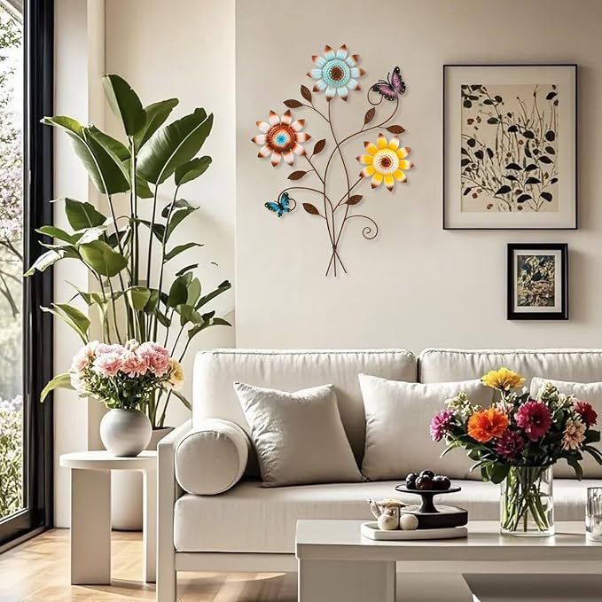 Detene Metal Sunflower Wall Decor with Butterfly 3D Colorful Outdoor Wall Art Fence Decorations for Patio Metal Flowers Wall Hanging Ornament for Garden Porch Living Room Balcony Farmhouse（Restocking soon）