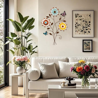 Detene Metal Sunflower Wall Decor with Butterfly 3D Colorful Outdoor Wall Art Fence Decorations for Patio Metal Flowers Wall Hanging Ornament for Garden Porch Living Room Balcony Farmhouse（Restocking soon）