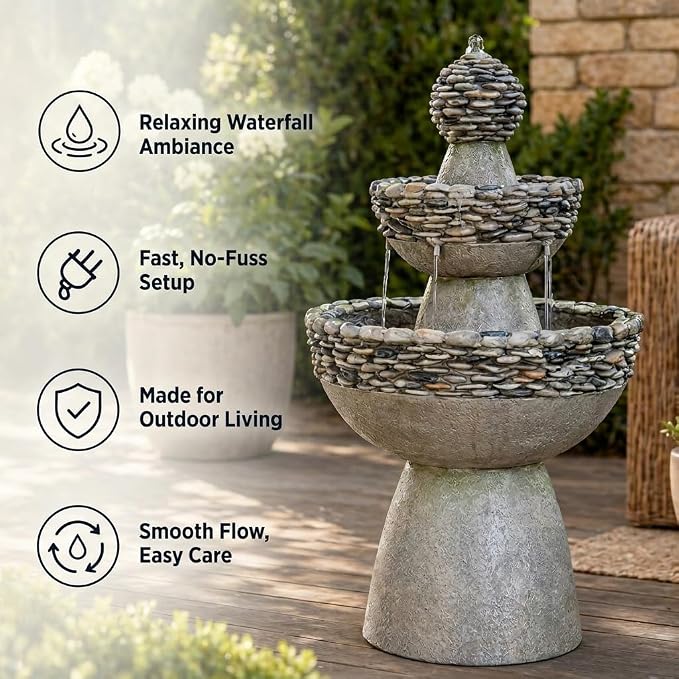 Teamson Home 36.5 in. Outdoor 3-Tier Zen-Style Pedestal Water Fountain in. with Stone Trim with Pump and 2.64 Gallon Capacity, Stone Gray | 3-Tier Garden Fountain, Stone Look, With Pump, Pedestal Waterfall Feature