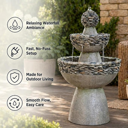 Teamson Home 36.5 in. Outdoor 3-Tier Zen-Style Pedestal Water Fountain in. with Stone Trim with Pump and 2.64 Gallon Capacity, Stone Gray | 3-Tier Garden Fountain, Stone Look, With Pump, Pedestal Waterfall Feature