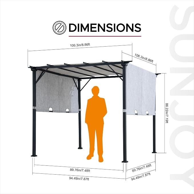 Sunjoy 9 x 9 ft. Pergola, Outdoor Patio Matte Black Steel Classic Frame Pergola with Retractable White Canopy Shade for Backyard, Garden Activities, Light Gray