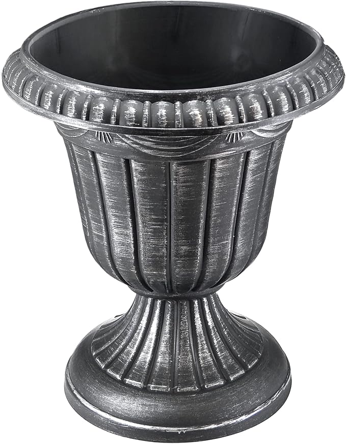 Arcadia Garden Products PL10SL Classic Traditional Plastic Urn Planter Indoor/Outdoor, 15" x 13", Brushed Silver