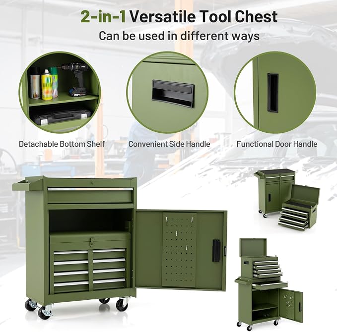 Goplus Tool Chest, 5 Drawers Rolling Tool Cabinet with Detachable Top Toolbox, Universal Lockable Wheels, Lock Bar, Protective Liner & Tool Rack, Metal Tool Storage Cart, Tool Box for Garage Workshop