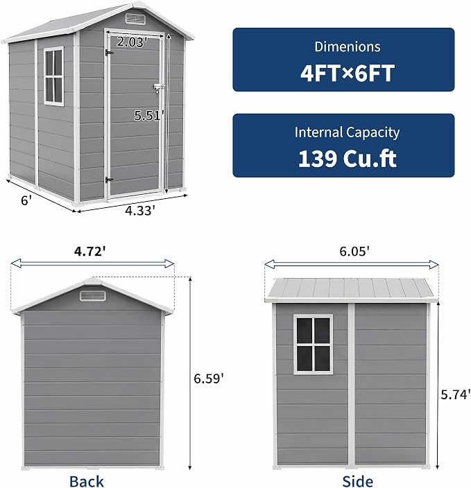 4x6 ft Outdoor Resin Storage Shed with Floor, Lockable Door & Window, Sloping Roof, Plastic Outdoor Sheds with Floor Garden Shed for Backyard Patio Lawn Mower Bike Tool Storage
