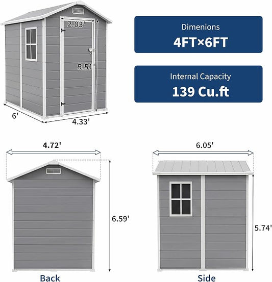 4x6 ft Outdoor Resin Storage Shed with Floor, Lockable Door & Window, Sloping Roof, Plastic Outdoor Sheds with Floor Garden Shed for Backyard Patio Lawn Mower Bike Tool Storage