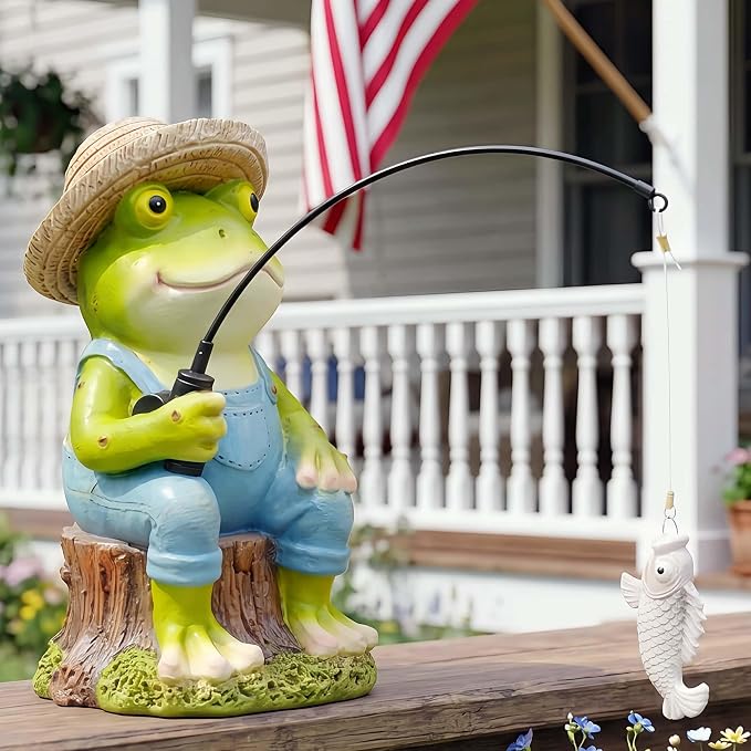 Frog Fisherboy Statue | Outdoor Garden Decor, Resin Animal Statue, Pond Ornaments, Poolside Garden Decor, Koi Fish Pond, Unique Fisherman Gifts