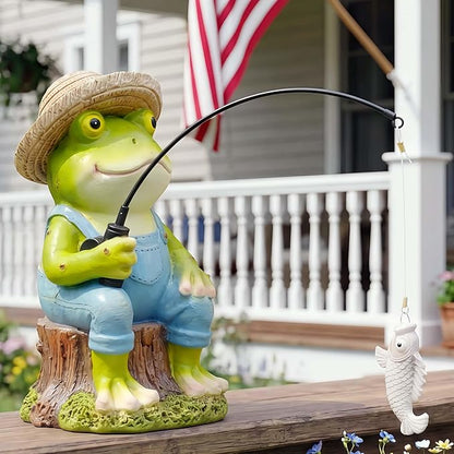 Frog Fisherboy Statue | Outdoor Garden Decor, Resin Animal Statue, Pond Ornaments, Poolside Garden Decor, Koi Fish Pond, Unique Fisherman Gifts