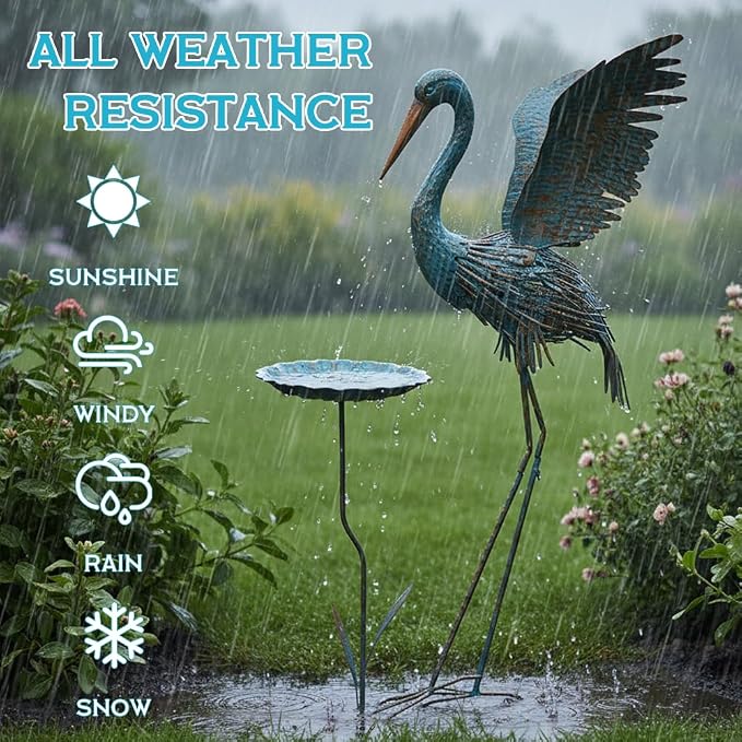 Large Heron Outdoor Statues with Leaf Tray | Waterproof Crane Garden Statue for Outside, Elegant Metal Crane Yard Art Garden Decor for Garden Yard, Porch