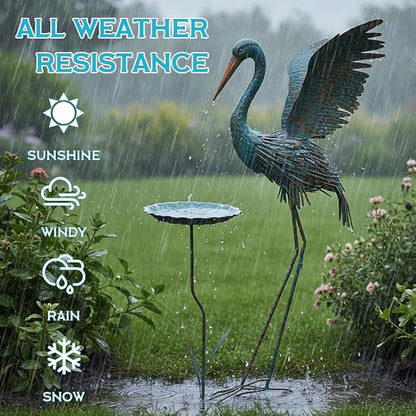 Large Heron Outdoor Statues with Leaf Tray | Waterproof Crane Garden Statue for Outside, Elegant Metal Crane Yard Art Garden Decor for Garden Yard, Porch