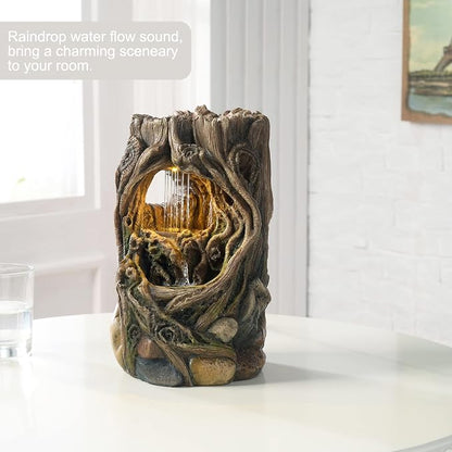 GOSSI Indoor Water Fountain Stump Rain Drop Meditation Desk Fountain Artistic Relaxation Waterfall for Home and Office Decor (22013)