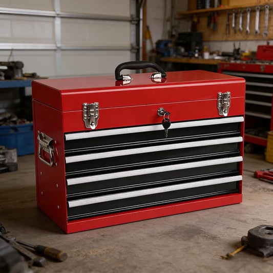 4 Drawers Metal Tool Box, 21'' Portable Metal Tool Box with EVA Liners & Auto-Locking Mechanism, Heavy Duty Steel Tool Chest with Ball-Bearing Drawer Slides & Convenient Top Handle, Red&Black