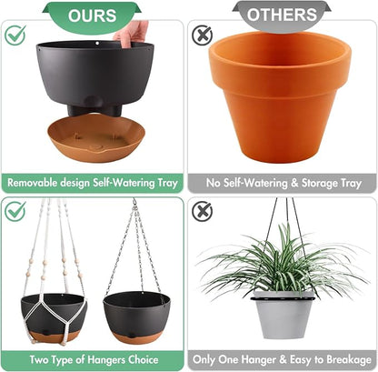 3 Pack 8/10/12 Inch Hanging Planters for Indoor Plants with Self-Watering Includes Hanging Pots for Plants, Outdoor Hanging Flower Pots with Drainage, and 2 Types of Hanging Baskets Hangers (Black)