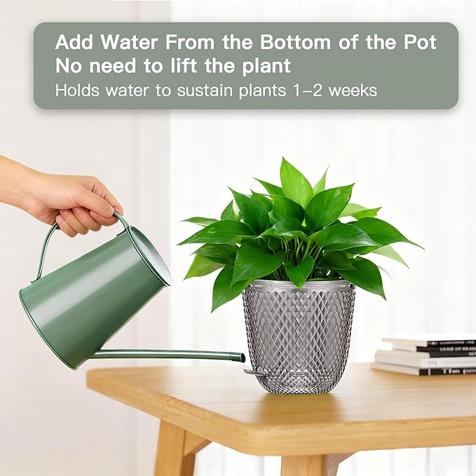 QCQHDU 2 Pack Self Watering Pots, 5.7 Inch, with Drainage Holes, Gray | Plastic Garden Planter with Water Filling Port for Indoor Plants