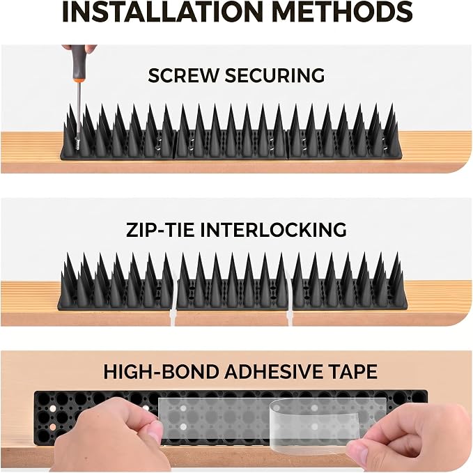 Bird Spikes for Pigeon Woodpecker Crow, Outdoor Use for Balcony Patio Window, Easy to Install, Black, Covers 13 Feet(3.96m)