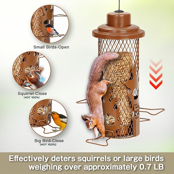 Gbekery Squirrel Proof Bird Feeders for Outdoors Hanging, Brown | Metal Wild Bird Feeders for Small Birds with Weight Activated Perches, Weatherproof and Durable, Perfect for Backyard Garden
