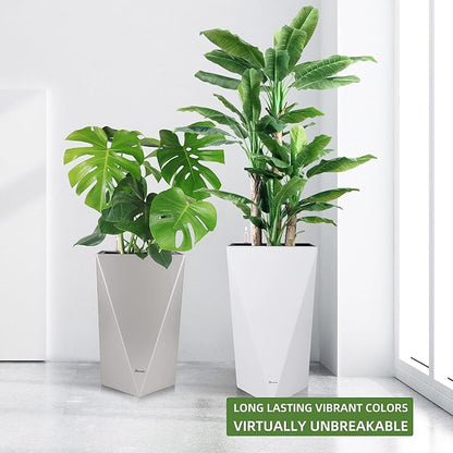 Dexceder 20 Inches Self Watering Tall Planter (Gray) | Diamond Metallic Matte, Thickened Rhombus Large Floor Standing Flower Plant Pot with Water Level Indicator Indoor Outdoor