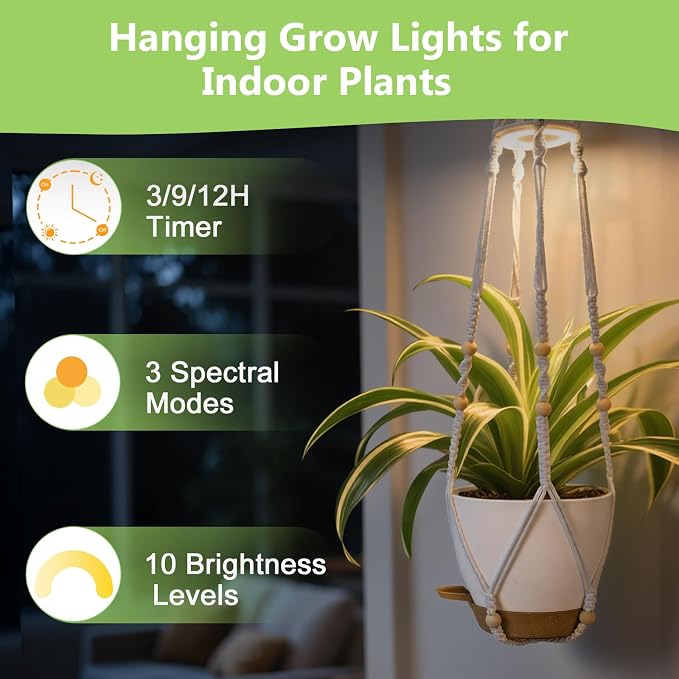 2 Pack Self Watering Hanging Planters with Grow Light for Indoor Plants | 10 Brightness, 3 Light Modes, 3/9/12H Timer, Built-In Reservoir, Drainage Holes, 8 in Pots