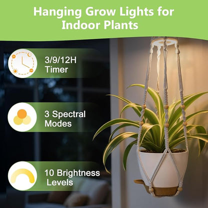 2 Pack Self Watering Hanging Planters with Grow Light for Indoor Plants | 10 Brightness, 3 Light Modes, 3/9/12H Timer, Built-In Reservoir, Drainage Holes, 8 in Pots