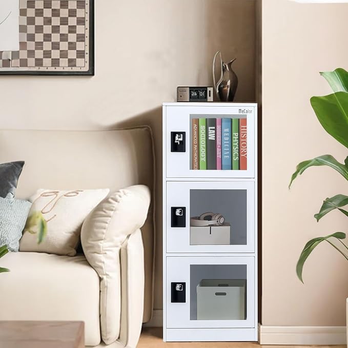 MECOLOR Vertical Single-Layer Small lockers with Padlocks and latches, 2 or 3 compartments, for Employees, Families, Offices, Schools, supermarkets and Other Places, (Full White, G3V)