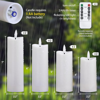 Waterproof Flameless 2.2" x4" 4" 5" 5" 6" 6" 7" 7" Pillar Candles with Remote Control and Timer, LED White Battery Operated Plastic Wave-Shaped Design Pack of 8 Outdoor Flickering