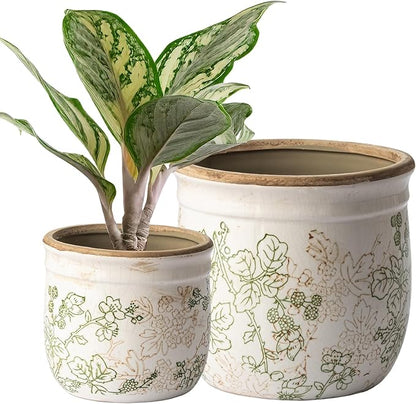 SURE YUESI Ceramic Plant Pots Set of 2, 4.7 & 5.7 Inch Vintage Indoor Planters with Drainage Hole, Farmhouse Ceramic Flower Pots for Indoor Plants, Rustic Cottage Decor for Home Kitchen Garden, Green