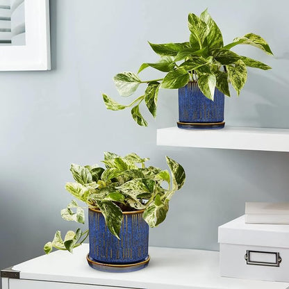 GnFlus Ceramic Plant Pots with Drainage Holes, Set of 2, 4.3+5.1 Inch Stripe Garden Planter Pots for Outdoor Indoor Plants Flower, Round Succulent Orchid Flower Pot Blue