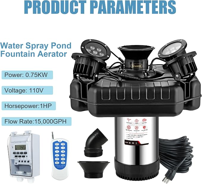 Goldlife Pond Fountain Aerator, F3 With 4 RGB Lights, 1HP 750W 110V Stainless Steel Floating Fountain With 100FT Power Cord Black Octagon Aerating Fountain Pump for Small Large Pond Lake