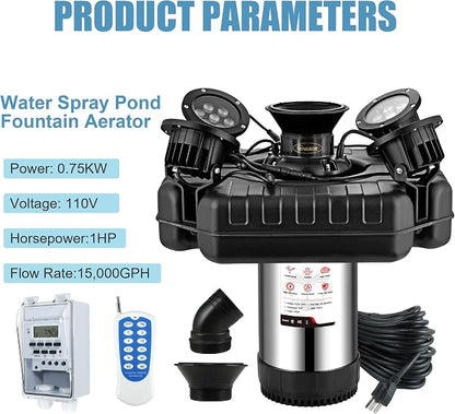 Goldlife Pond Fountain Aerator, F3 With 4 RGB Lights, 1HP 750W 110V Stainless Steel Floating Fountain With 100FT Power Cord Black Octagon Aerating Fountain Pump for Small Large Pond Lake