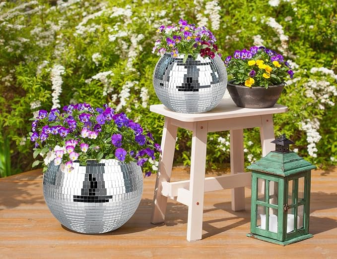 9” Silver Disco Ball Planter with Hanging Rope, Hanging Chain, Hook, Circle | for Decoration
