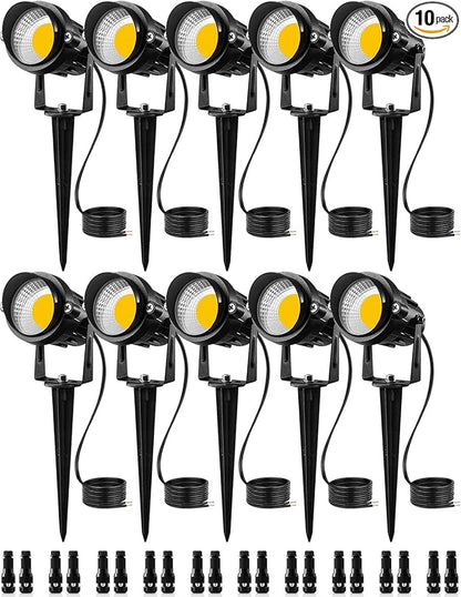 SUNVIE 12W Low Voltage LED Landscape Lights with Connectors, Outdoor 12V Super Warm White (900LM) Waterproof Garden Pathway Lights Wall Tree Flag Spotlights with Spike Stand (10 Pack with Connector)