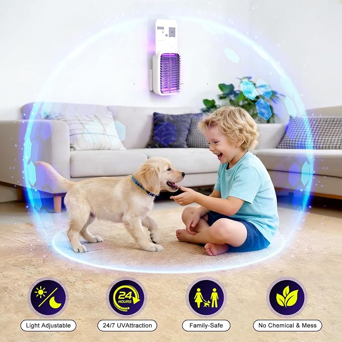 Upgraded Fruit Fly Traps for Indoors, Flying Insect Trap for Fruit Flies, Gnats, Plug in Bug Zapper Indoor with Dual-UV Lights & Trapping, Electric Grid & Glue Traps
