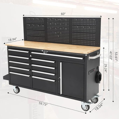 GarveeTech 61-Inch Heavy Duty Rolling Tool Chest with 10 Drawers and Solid Rubber Wood Top Mobile Workstation, 1675 LBS Load, Includes Power Strip, Locking System for Garage Warehouse Repair Shop
