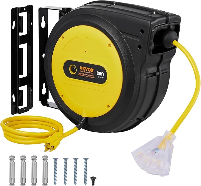 VEVOR 80FT Retractable Extension Cord Reel, 12AWG/3C SJTOW Heavy Duty Power Cord w/Lighted Electrical Triple Tap Outlets, 15A Circuit Breaker,180° Swivel Bracket for Workshop or Garage, Yellow