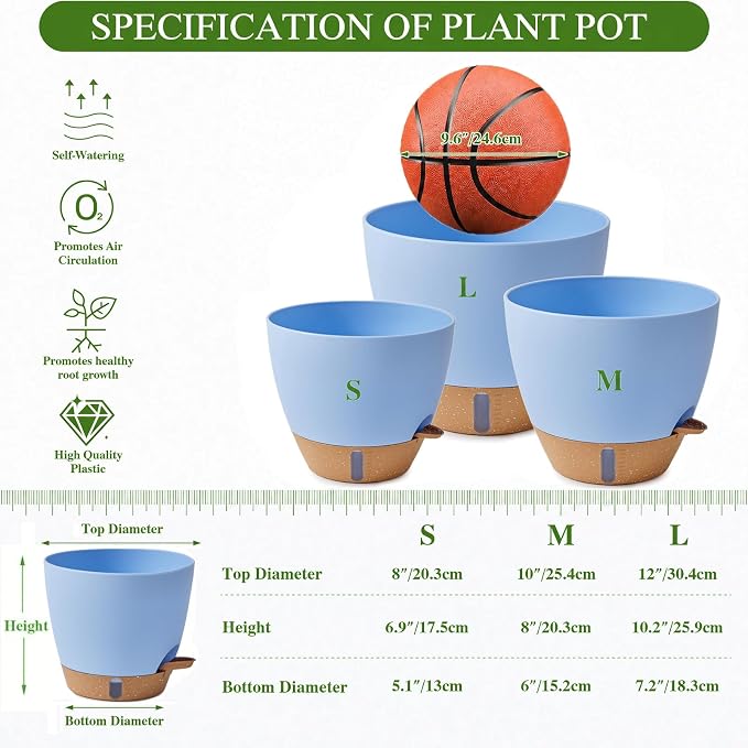 Ecolley 8/10/12 Inch Self Watering Pots for Indoor/Outdoor Plants - Large Plastic Planter with Drainage Holes, Water Level Indicator & Deep Reservoir, Modern Decorative Flower Pots (Light Blue) | Indoor/Outdoor Plants, Large Plastic Planter, Drainage H...