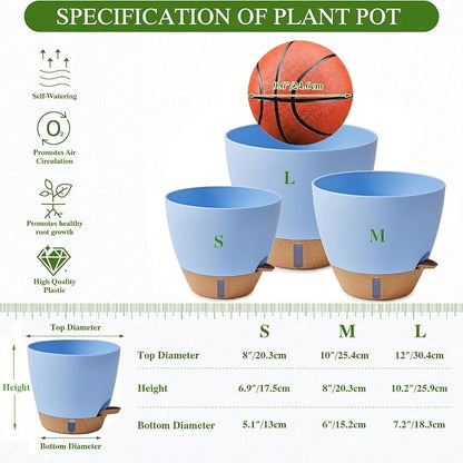 Ecolley 8/10/12 Inch Self Watering Pots for Indoor/Outdoor Plants - Large Plastic Planter with Drainage Holes, Water Level Indicator & Deep Reservoir, Modern Decorative Flower Pots (Light Blue) | Indoor/Outdoor Plants, Large Plastic Planter, Drainage H...