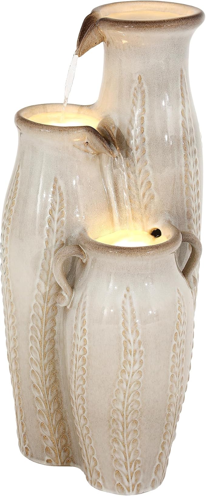 29.5" H Ceramic Outdoor Water Fountain with LED Lights, 3-Tier Vase Cascading Water Feature, Beige Glaze with Embossed Leaf Patterns, Tranquil Waterfall for Garden, Patio, Yard, or Porch