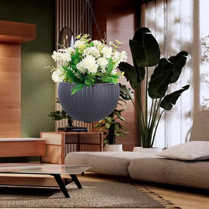 Vencer 11 Inch Round Resin Rattan Hanging Planters,Grey,VF-A15-G | Self Watering,Drain Hole,Metal Chain,Water Indicator,Indoor Outdoor