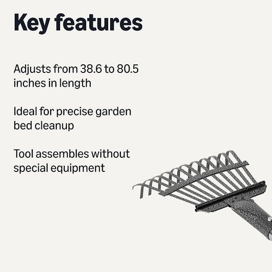 Amazon Basics Garden Rake, Leaf rake with 38.58" - 80.51" Adjustable Steel Handle, Gardening tools for Yard Work, Olive/Black/Silver