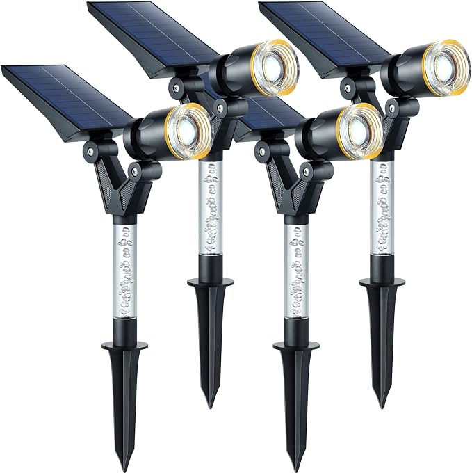 DenicMic Solar Spot Lights Outdoor Waterproof 3000K Warm White Lens LED Adjustable Angle Solar Lights Outdoor for Yard Garden Patio Wall Landscape Lighting Outside 4 Pack