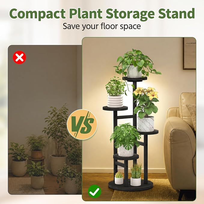 ASZOLA 4 Tiered Wood Plant Stand Indoor Corner with Grow Lights, Flower Holder Rack Tall for Multiple Plants, Rustic Planter Shelf Display for Patio Garden Balcony Living Room, Black