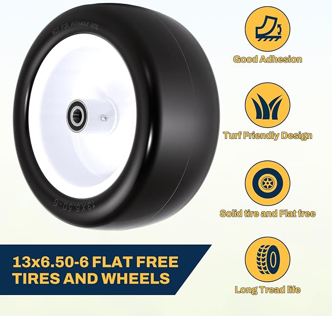 13x6.50-6 Flat Free Lawn Mower Tires and Wheels, 1/2" 3/4" 5/8" Ball Bearings, 13x6.5-6 Solid Front Tire for Zero Turn Lawnmower, Smooth Tires for Commercial Grade Lawn, 5.5"-7.5" Centered Hub, 2 Pack